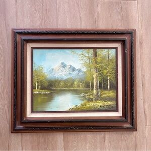 Vintage Framed Oil On Canvas Painting River Mountain Landscape Signed by Kingman